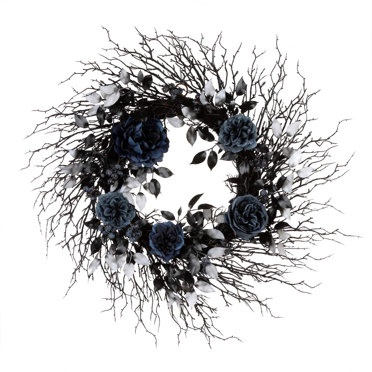 24" Halloween Moody Blue Rose & Twig Wreath